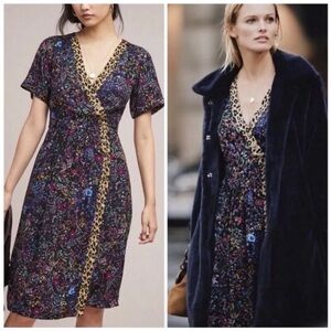 Maeve Anthropologie Morgan Black Floral Animal Print Faux Wrap Dress 6 Leopard